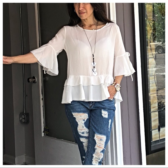 Tops - PARIS layered bell sleeves pearl trim blouse